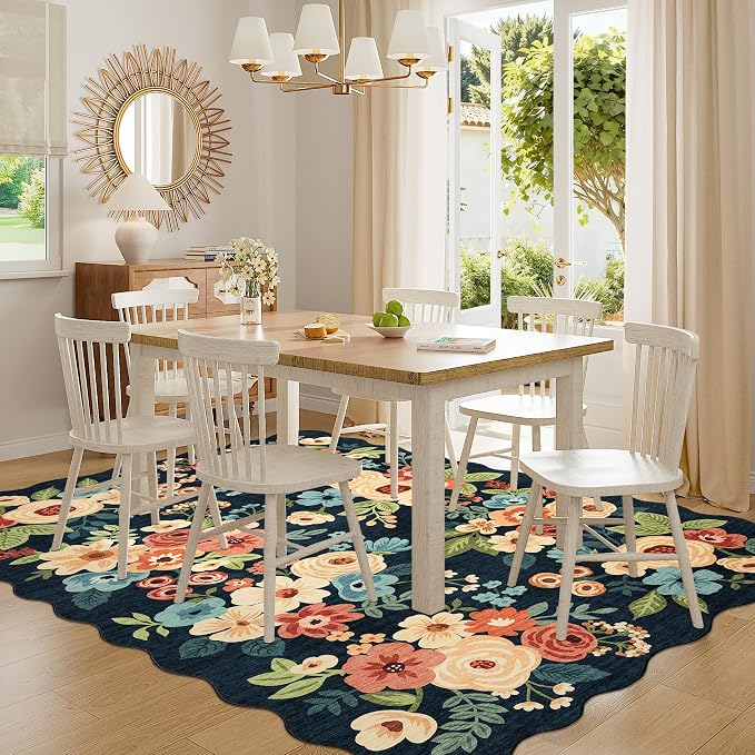 DUKINO 6x9 Area Rug, Floral Washable Rugs for Living Room with Non Slip Backing & Non-Shedding, Lightwight Low Pile Boho Design Large Carpets for Bedroom, Living Room, Dining Room, Navy Blue
