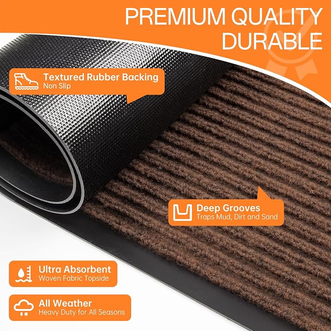 Indoor Outdoor Door Mat, 5' x 3' Doormat for Entryway, Rubber Backing Non Slip Front Door Mat Outside Entrance, Super Absorbent Commercial Floor Mat for Home Office, Brown