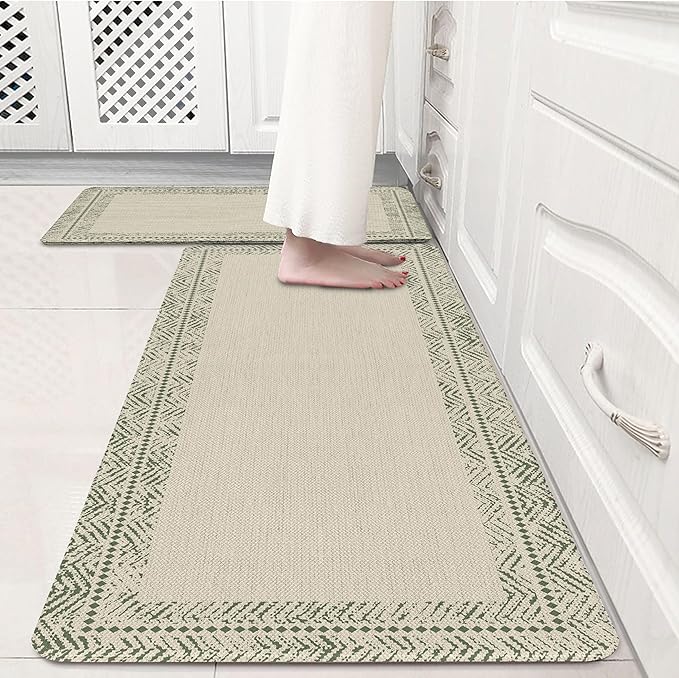 Sage Green Vintage Boho Elegance Frame Kitchen Rug Sets [2 PCs], Anti-Fatigue, Waterproof Non-Slip Kitchen Mats Heavy Duty Comfort Foam Rug for Kitchen, Floor, Laundry,17"x29"+17"x47"