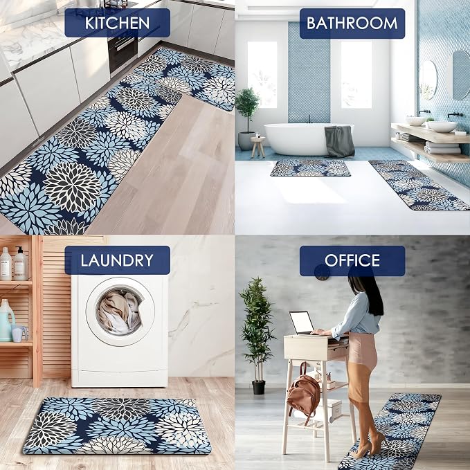 Cushioned Anti-Fatigue Kitchen Mats for Floor – Non-Slip Waterproof Memory Foam Runner, Extra Wide & Long, Comfortable Standing Mat for Kitchen, Sink, Office, Laundry, Navy Blue