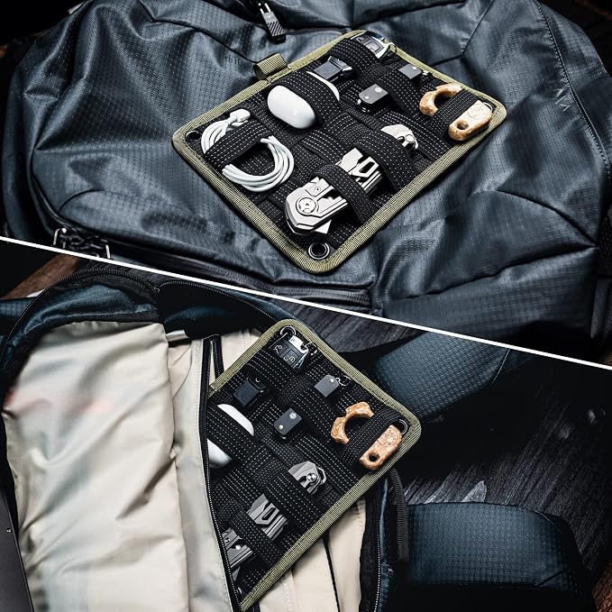 TACTICAL_GEEK TCM EDC Organizer Board, Backpack Anti-Slip Elastic Woven Board for Travel Gear, Elastic Grid Organizer for Electronics Accessories Travel Cables Chargers and More Black