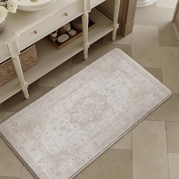 PureCozy Kitchen Mats 2PCS Anti Fatigue Cushioned Mat Beige Vintage Kitchen Mats for Floor Waterproof Non Slip Comfort Standing Oriental Medallion Rug for Sink Laundry Office 17.3"x59"+17.3"x30"