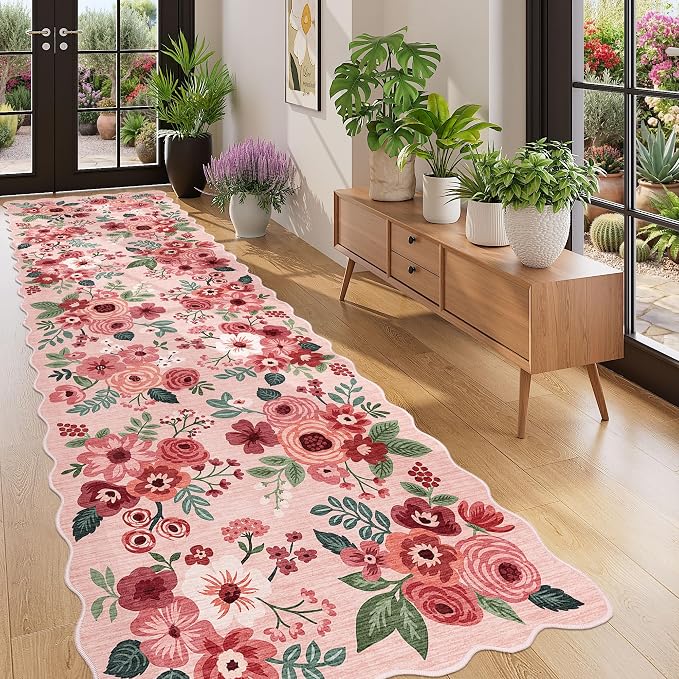 DUKINO 3x10 Washable Runner Rug, Non Slip Floral Ultra Soft Runner for Hallway, Lightweight Low Pile & Stain Resistant Long Throw Carpet for Kitchen, Bathroom, Entrance, Bedroom, Kids Room, Pink