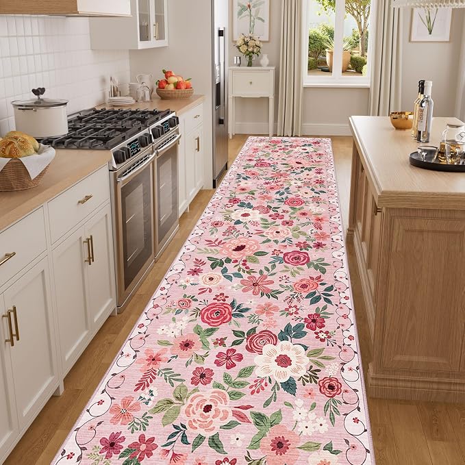 DUKINO 3x12 Washable Runner Rug, Non Slip Soft Floral Hallway Runner Rug with Non Shedding Design, Low Pile Long Floor Carpet for Kitchen, Hallway, Bathroom, Entryway, Laundry, Pink