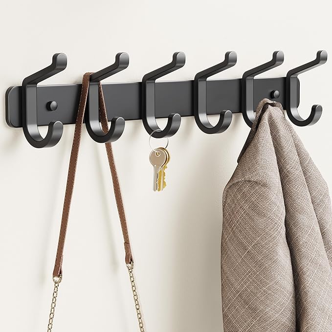 pickpiff Coat Rack Wall Mounted Heavy-Duty: Metal Coat Hanger 6 Hooks for Hanging Hat, Clothes, Robe, Keys, Backpack, Bathroom Towels, Jacket, Purse - Closet, Door, Entryway, Mudroom (Black, 1 Pack)