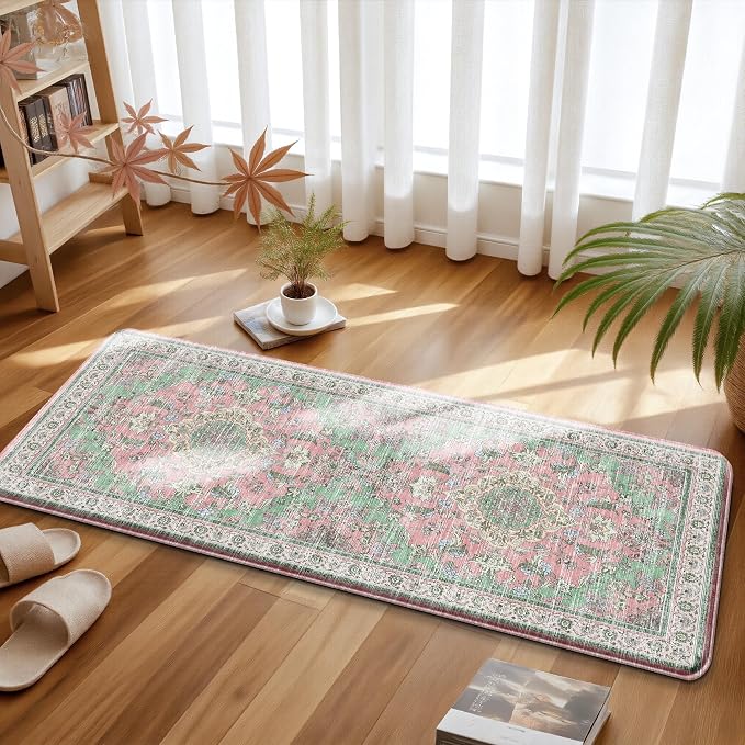 Boho Kitchen Mats for Floor 2 Piece Set Anti Fatigue Cushioned PVC Kitchen Rugs Non Slip Waterproof Farmhouse Mats 2/5 Inch Comfort Standing Mat for Sink, Laundry, 17.3"x47"+17.3"x28", Green Pink