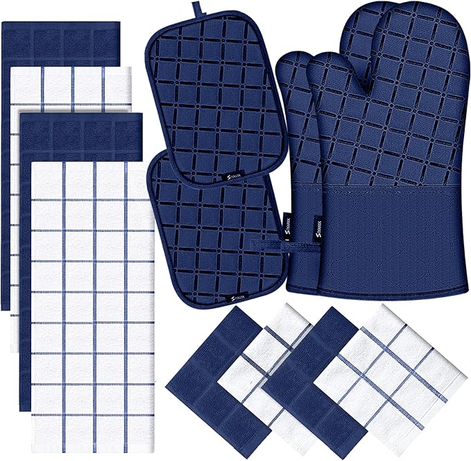 Oven Mitts Pot Holders Sets/Kitchen Towels and Dishcloths, Oven Gloves Kitchen Dish Towels 500 Degree Heat Resistant Potholders with Non-Slip Silicone Surface for Cooking, Grilling, Baking-Marine Blue