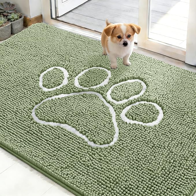 OLANLY Dog Door Mat for Muddy Paws 48x30, Paw Print Design, Absorbs Moisture and Dirt, Non-Slip Washable Doormat, Quick Dry Chenille Mud Mat for Dogs, Entry Indoor Entryway Carpet, Sage Green