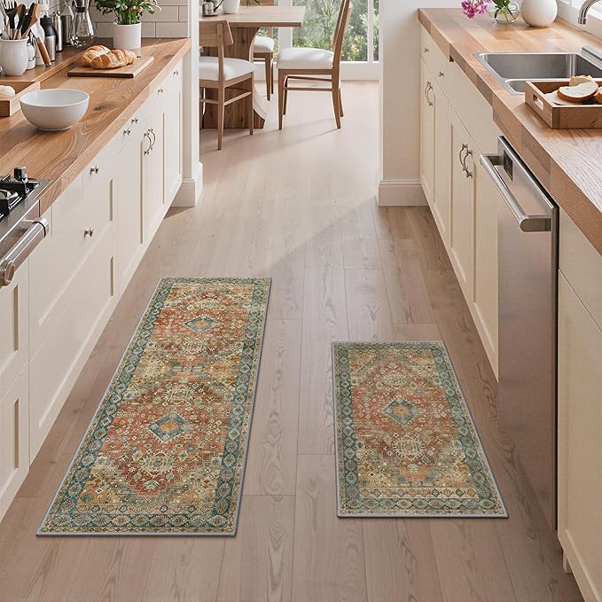 GENIMO Kitchen Rugs Non Slip Washable, 2PCS Kitchen Mats for Floor, Cushioned Standing Mat, Kitchen Runner Rug Floor Mat for Kitchen Decor, Laundry, Sink, Entryway, Home, 20"x32"+20"x48", Retrobrick