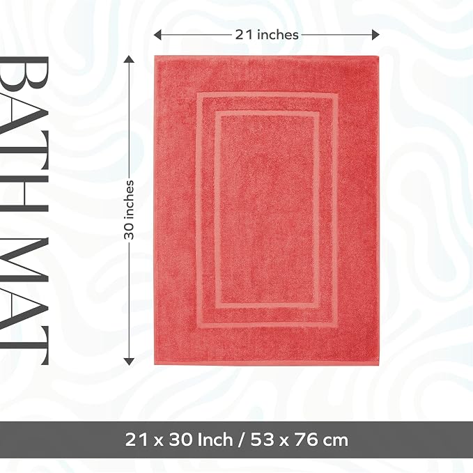 Feather & Stitch 2 Piece Towel Like Bath Mats (30x21 Inch) 100% Cotton Terry Bath Mat, Bathroom Shower Floor Mat [NOT A Bathroom Rug], Soft Absorbent Washable Mats - Coral