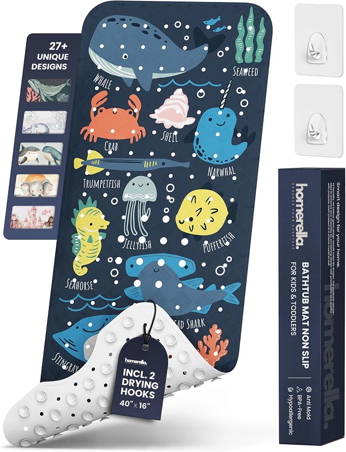 Bath Tub Mat Non Slip Anti Mold for Kids BPA Free INCL Hooks - homerella® Ocean Sea Animals 40x16, Baby Bath Mat Non Slip 200 Suction Cups, Non Toxic Machine Washable Toddler Bath Mat, EU Certified