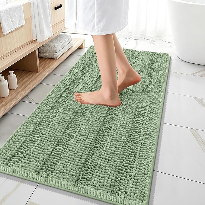 OLANLY Thick Bathroom Runner Rugs 47x20, Extra Absorbent Chenille Striped Bath Rugs, Rubber Backing, Machine Wash Dry, Long Bath Mats for Bathroom, Tub and Shower, Home Decor Accessories, Sage Green
