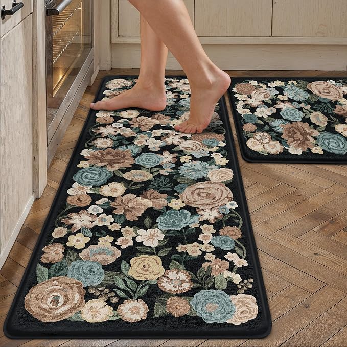 PureCozy Kitchen Mats 2PCS Anti Fatigue Cushioned Mat Non Slip Floral Kitchen Mats for Floor Waterproof Comfort Standing Black Farmhouse Rug for Sink Laundry Office Desk 17.3"x47"+17.3"x30"