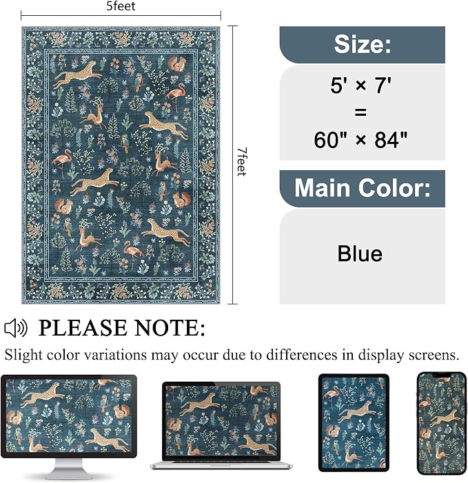 DUKINO 5x7 Rug, Washable Animal Living Room Rug with Non Slip Vintage Design, Soft Low Pile Large Carpet for Bedroom, Nursery, Dining Room, Farmhouse, Playroom, Blue