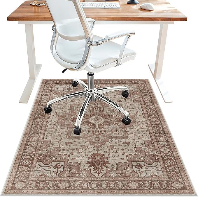 48"x60" Office Chair Mat for Hardwood Tile Floor, Under Desk Carpet Protector for Rolling Computer Chair Mat, Machine Washable Area Rug, Anti-Slip 1/5" Thick Low Pile Thin Vinyl Floor Mat, Brown Red
