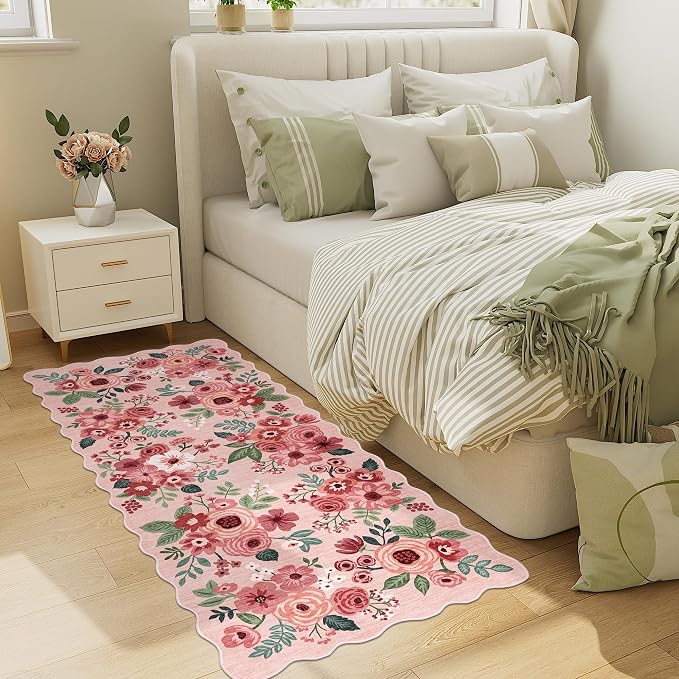 DUKINO 2x5 Washable Runner Rugs, Non Slip Floral Print Entryway Rug with Soft Low Pile, Lightweight Mat for Living Room, Bathroom, Bedroom, Kitchen, Pink