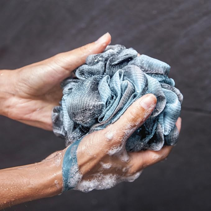 Toem® Loofah Back Scrubber for Shower | Bamboo Charcoal Fiber Infused | Loufas for Men & Women | Includes 1 Long Handled Shower Sponge, 1 Bath & Shower Luffa Pouf & 1 Hook to Hang Stuff (Sky Blue)