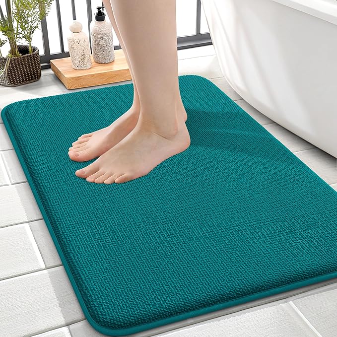 OLANLY Thick Memory Foam Small Bathroom Rugs 24x16, Extra Soft Absorbent Bath Rug, Quick Dry Bath Mat, Non-Slip, Machine Washable Carpet for Bathroom, Tub and Shower, Home Decor Accessories, Deep Lake