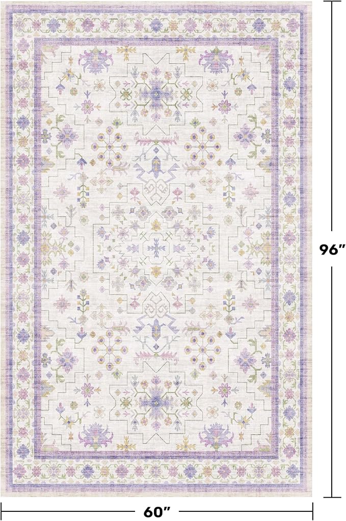 Light Purple Rug for Girls Bedroom, 5x8 Washable Floral Area Rug for Nursery Kids Room, Living Room, Lavender Dorm Decor, Non Slip Low Pile Pastel Foldable Carpet
