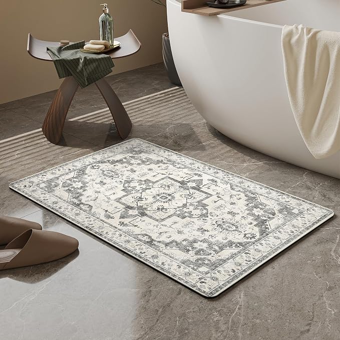 Mecko Bath Mat, Ultra Absorbent Quick Dry Bathroom Floor Mats-Rubber Non-Slip Thin Bathroom Rug Fit Under Door, Faux Suede Surface Shower Rug for Bathtub, Sink, Shower Room(Grey/White,16"x24")