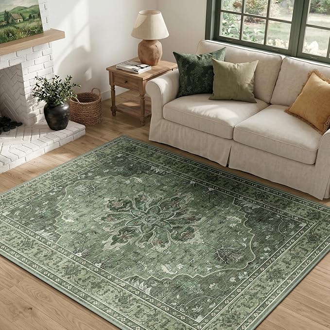 RELEANY Area Rugs 4'x6' Washable Non-Slip, Floral Vintage Distress Medallion Carpet for Living Room Bedroom Dining Room, Dark Green Gray