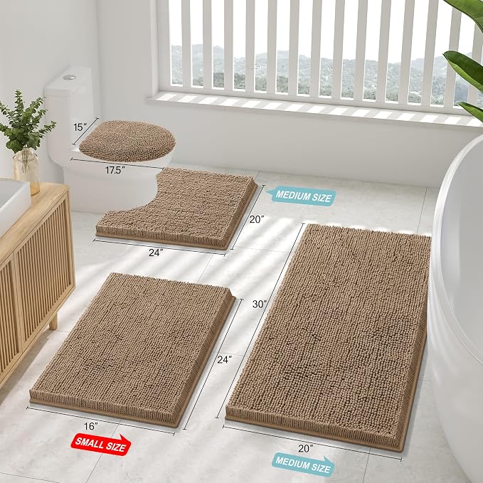 Smiry Luxury Chenille Bathroom Rugs 34x21, Extra Soft and Absorbent Shaggy Bath Mat, Machine Washable, Non-Slip Plush Carpet Runner for Tub, Shower, and Floor, Home Decor Accessories, Camel