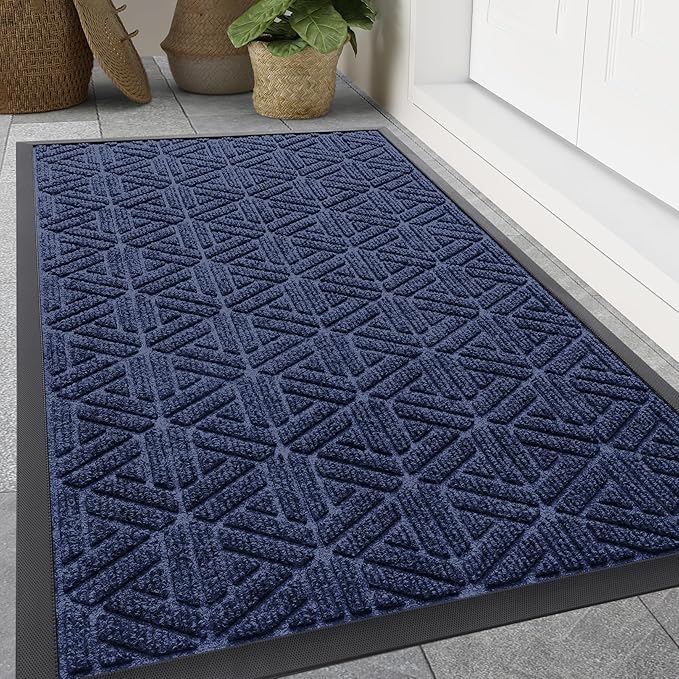 Smiry Front Door Mat Outside Entrance, Heavy Duty Sturdy Natural Rubber Doormat, Trap Dirt and Moisture, Easy Clean Low Profile Mats for Indoor Outdoor Entry, Grid Geometric (71x47, Navy Blue)