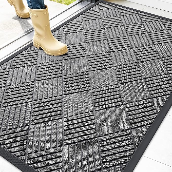 OLANLY Front Door Mat Outside Entrance 47x32, Absorbent, Heavy Duty Sturdy Natural Rubber Doormat Indoor Outdoor, Stain and Fade Resistant, Non-Slip Low Profile Floor Mat for Entryway, Grey Diamond