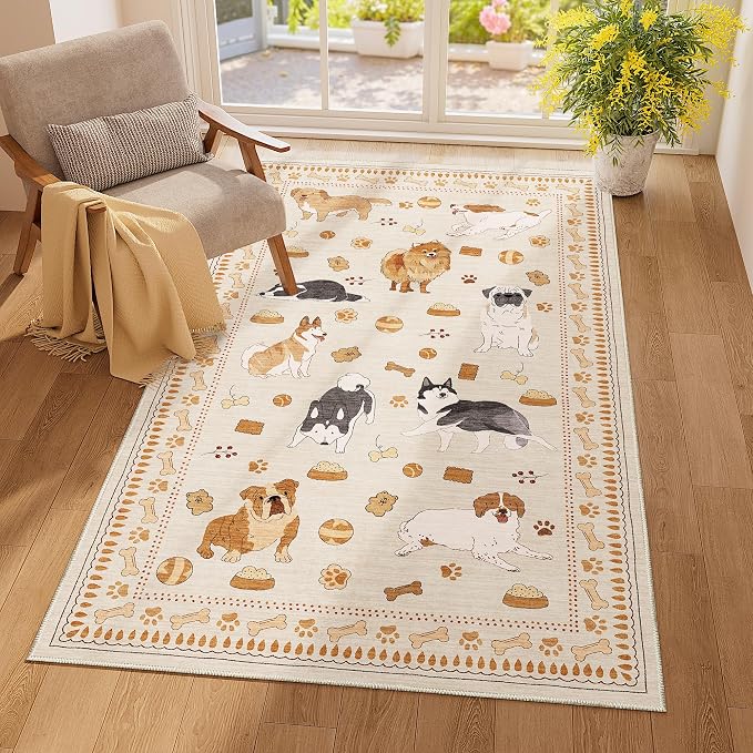 DUKINO 3x5 Area Rug, Lightweight Washable Entryway Rug with Non Slip & Low Pile, Soft Non Shedding Animal Dog Print Pattern Indoor Carpet for Bedroom, Kitchen, Bathroom, Kids Room, Beige Yellow