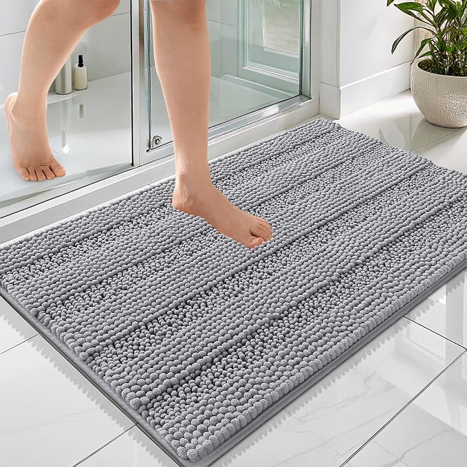 OLANLY Thick Bathroom Rugs 36x24, Extra Soft Absorbent Chenille Striped Bath Rugs, Rubber Backing, Machine Wash Dry, Bath Mats for Bathroom Floor, Tub and Shower, Home Decor Accessories, Grey