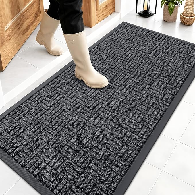 OLANLY Front Door Mat Outside Entrance 47x23, Absorbent, Heavy Duty Sturdy Natural Rubber Doormat Indoor Outdoor, Non-Slip, Stain and Fade Resistant, Low Profile Floor Mat for Entryway, Black Gray