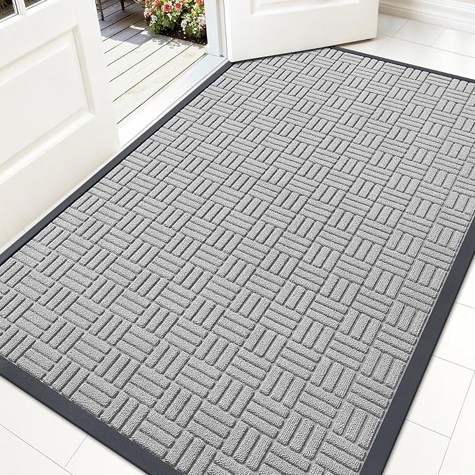 OLANLY Front Door Mat Outside Entrance 59x34, Absorbent, Heavy Duty Sturdy Natural Rubber Doormat Indoor Outdoor, Non-Slip, Stain and Fade Resistant, Low Profile Floor Mat for Entryway, Light Gray