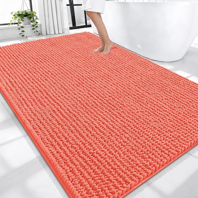 OLANLY Thick Large Bathroom Rugs 70x46, Extra Soft Absorbent Chenille Bath Rugs, Rubber Backing, Machine Wash Dry, Bath Mats for Bathroom Floor, Tub and Shower, Home Decor Accessories, Coral