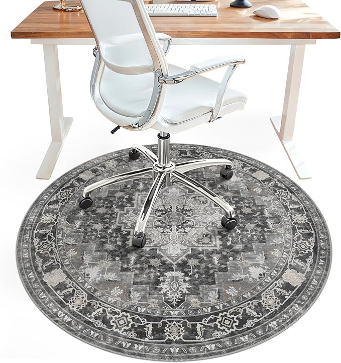 48"x48" Office Chair Mat for Hardwood Tile Floor, Under Desk Carpet Protector for Rolling Computer Chair Mat, Machine Washable Round Area Rug, Anti-Slip 1/5" Thick Low Pile Thin Floor Mat, Black