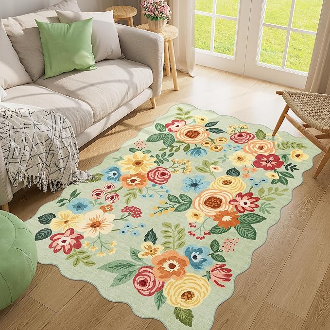 DUKINO 4x6 Area Rug, Floral Non-Slip Indoor Washable Rug with Low Pile & Non-Shedding, Lightwight Boho Design Carpet for Entryway, Bedroom, Kids Room, Living Room, Kitchen, Green