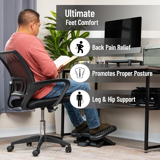 Mind Reader Foot Rest, Under Desk at Work, Ergonomic, Height Adjustable, Office, Plastic, Black