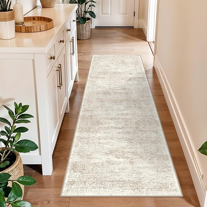 2x6 Runner Rug Hallway Washable, Non Slip with Rubber Backing Carpet for Kitchen Bathroom Neutral Moroccan Vintage Oriental Distressed Area Rugs for Bedroom Laundry Room Entry Entryway, Cream/Beige