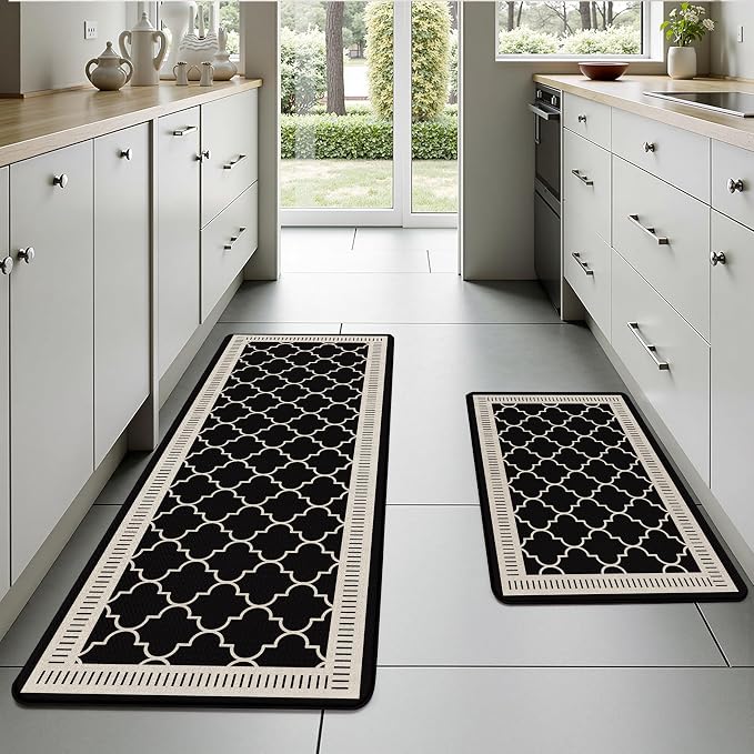 Black Vintage Moroccan Grid Elegance Kitchen Rug Sets [2 PCs], Anti-Fatigue, Waterproof Non-Slip Kitchen Mats Heavy Duty Comfort Foam Rug for Kitchen, Floor, Laundry,17"x29"+17"x47"
