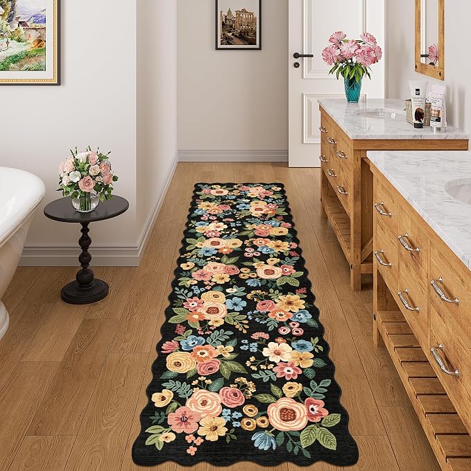 DUKINO Washable Runner Rug, 2x7 Lightweight Soft Floral Hallway Rug Runner with Low Pile Design, Non Shedding & Non Slip Backing Thin Indoor Carpet for Bedroom, Bathroom, Entrance, Kitchen, Black