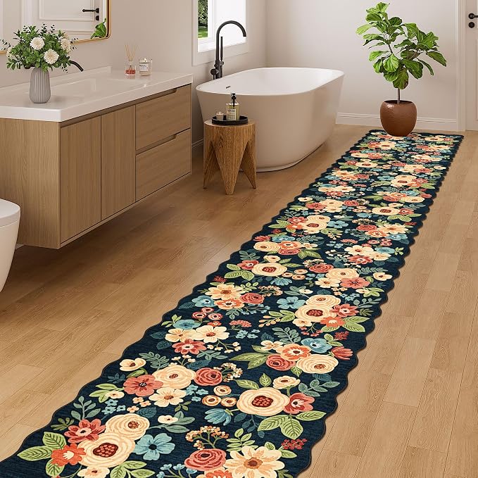 DUKINO 2x12 Runner Rug for Hallway, Soft Floral Washable Kitchen Runner Rug with Non Slip Backing, Lightweight & Low Pile Extra Loog Carpet for Entryway, Laundry Room, Entrance, Bedroom, Navy Blue