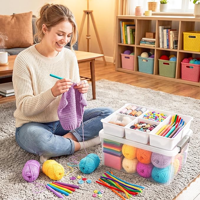 Citylife 17 QT Plastic Storage Box with Removable Tray Craft Organizers and Storage Clear Storage Container for Organizing Bead, Tool, Sewing, Playdoh, 2 Packs