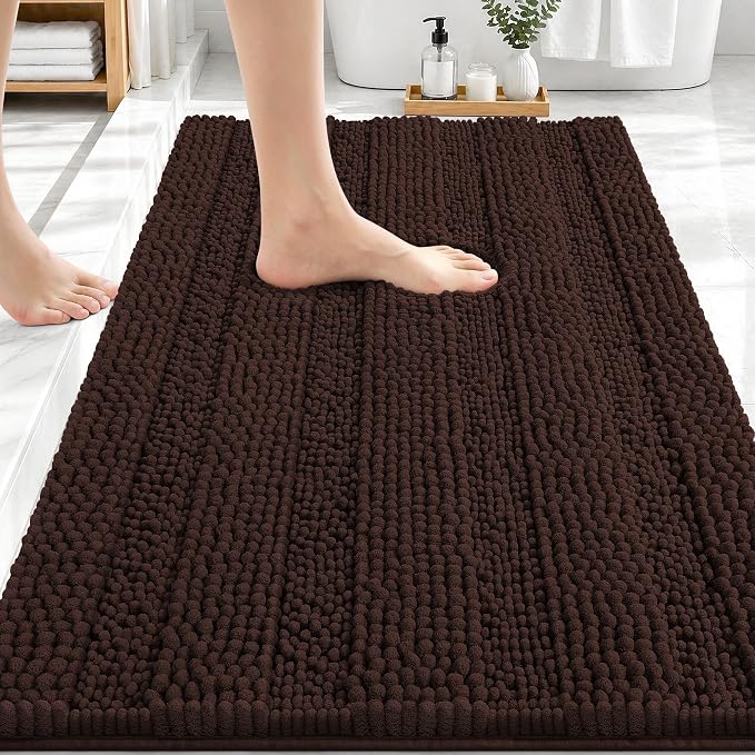 OLANLY Thick Bathroom Rugs 30x20, Extra Soft Absorbent Chenille Striped Bath Rugs, Rubber Backing, Machine Wash Dry, Bath Mats for Bathroom Floor, Tub and Shower, Home Decor Accessories, Brown