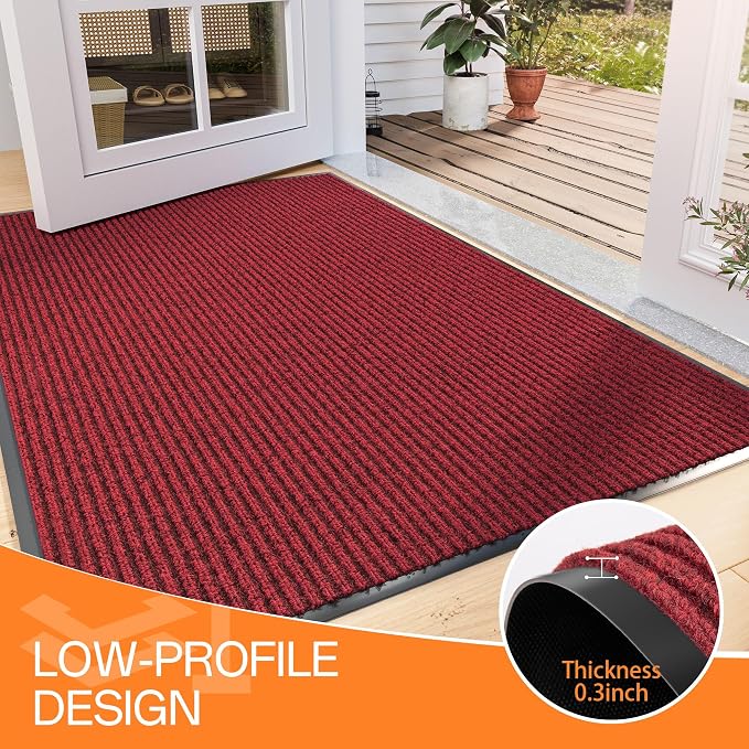 Indoor Outdoor Door Mat, 5' x 4' Doormat for Entryway, Rubber Backing Non Slip Front Door Mat Outside Entrance, Super Absorbent Commercial Floor Mat for Home Office, Red