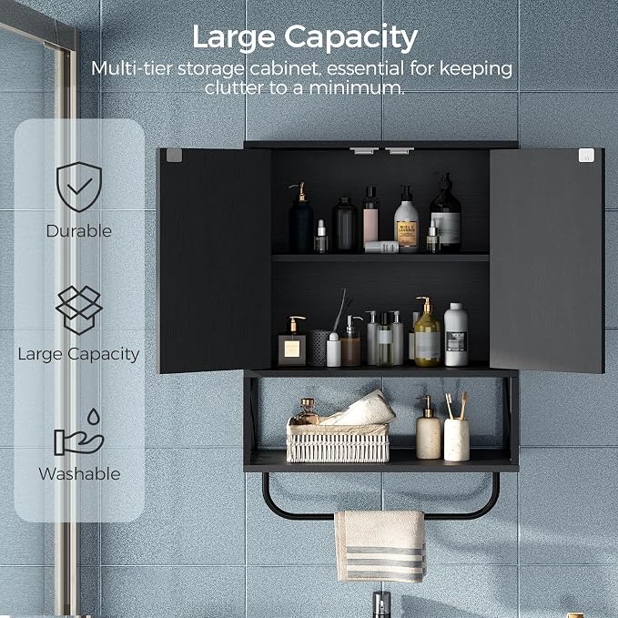 MAHANCRIS Bathroom Wall Cabinet with 2 Door and Adjustable Shelf, Farmhouse Medicine Cabinet with Towel Rack, 3-Tier Wall Mounted Storage Cabinet Over The Toilet for Bathroom, 18.9" L, Black