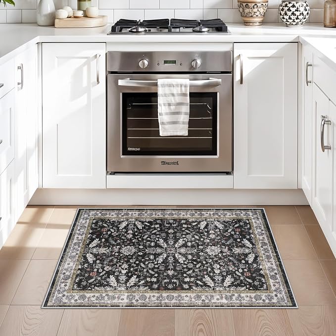 2x3 Rug Non-Slip Washable for Kitchen – Boho Small Throw Rug for Sink & Entryway, Soft Low Pile Thin Indoor Mat for Pet Area & Bathroom (Black, 2x3)