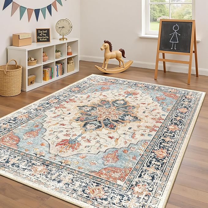 RELEANY Area Rugs 4'x6' Washable Non-Slip, Floral Vintage Distress Medallion Carpet for Living Room Bedroom Dining Room, Beige Navy Blue Orange Colorful