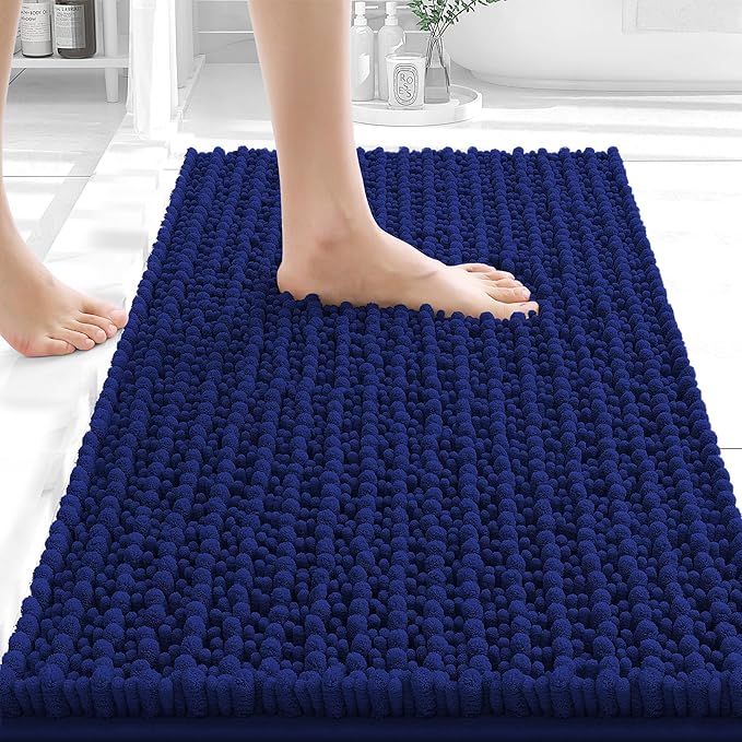 OLANLY Bathroom Rug Mat 24x16, Thick Soft and Absorbent Chenille Bath Mat, Non-Slip Rubber Backing, Machine Washable Quick Dry Bath Rugs for Tub Shower Floor, Home Decor Accessories, Navy Blue