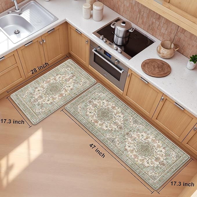 Boho Kitchen Mats for Floor 2 Piece Set Anti Fatigue Cushioned PVC Kitchen Rugs Non Slip Waterproof Farmhouse Mats 2/5 Inch Comfort Standing Mat for Laundry, 17.3"x47"+17.3"x28", Green Orange Beige