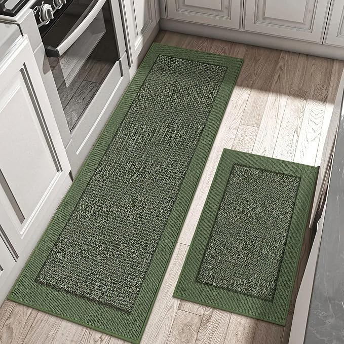 BEQHAUSE Kitchen Rugs and Mats Set of 2 Non-Slip Kitchen Mats for Floor, Absorbent and Stain Resistant Kitchen Runner, Machine Washable Rugs for Kitchen, Laundry & Sink, 24"x36"+24"x60", Green