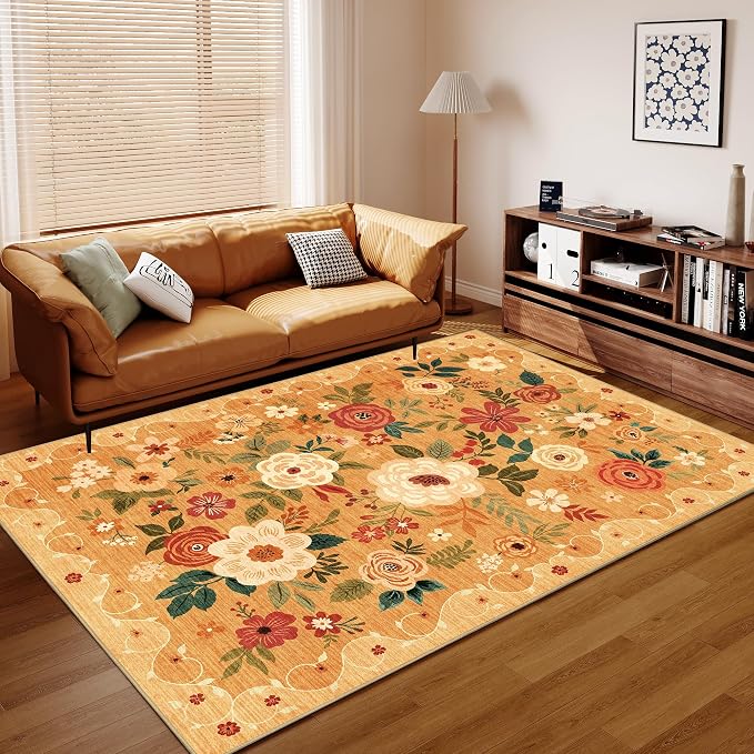 DUKINO 5x7 Area Rug, Floral Rugs for Living Room, Lightweight Non Slip Washable Rug, Indoor Low Pile & Non-Shedding Boho Design Rugs for Bedroom, Living Room, Dining Room, Orange